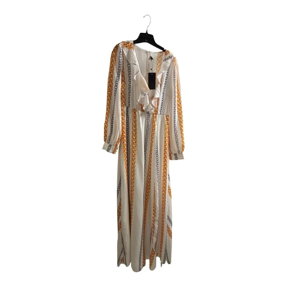 Chain Print Split Thigh Plunge Neck Ruffle Maxi Event Flowy Dress Size Large - Picture 4 of 8